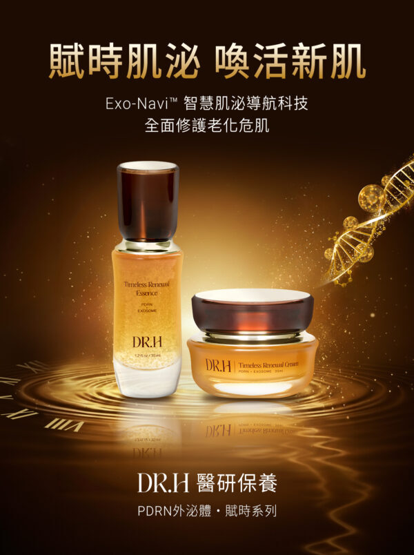DR.H 「賦時 Timeless Renewal 系列」 的靈魂，在於獨家 Exo-Navi™ 智慧肌泌導航科技將 外泌體、PDRN 與漢方經典成分進行深度串聯