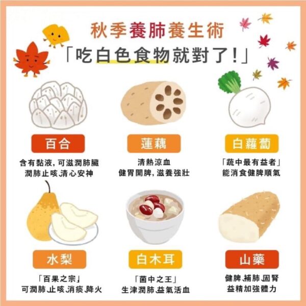 秋季飲食可以以「白色」食物為主，可增強肺的自我清潔能力，讓肺更加健康。