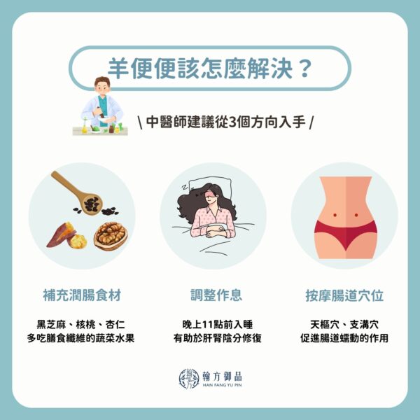 要改善羊便便,中醫師建議從以下3個方向入手:補充潤腸食材、調整作息讓身體「生津」、適度運動、按摩腸道穴位